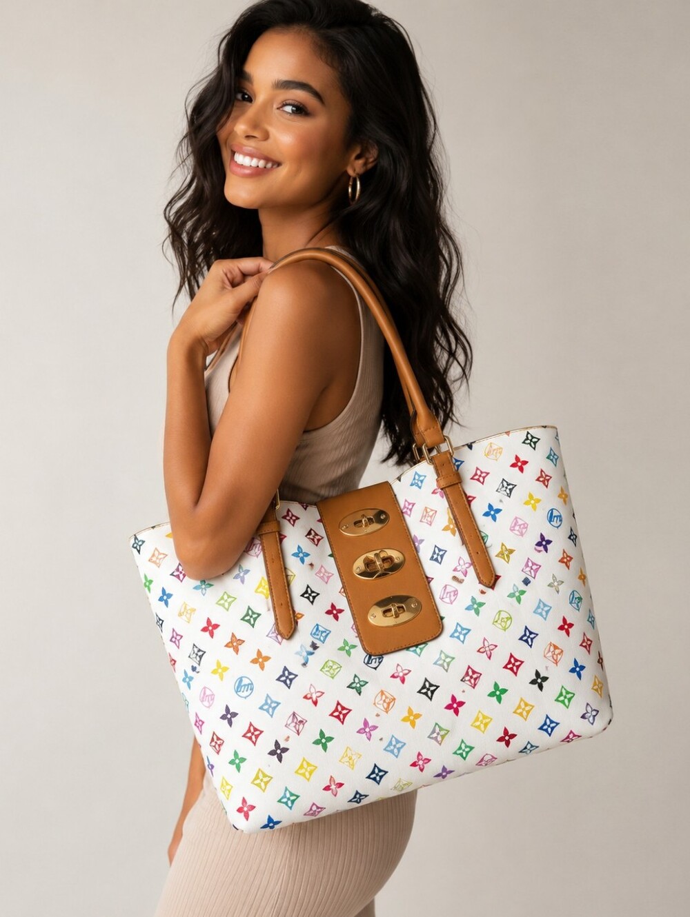 Tan-Trim White Multicolor Charismatic Pattern Charming Tote Bag & Wallet Set 3pc